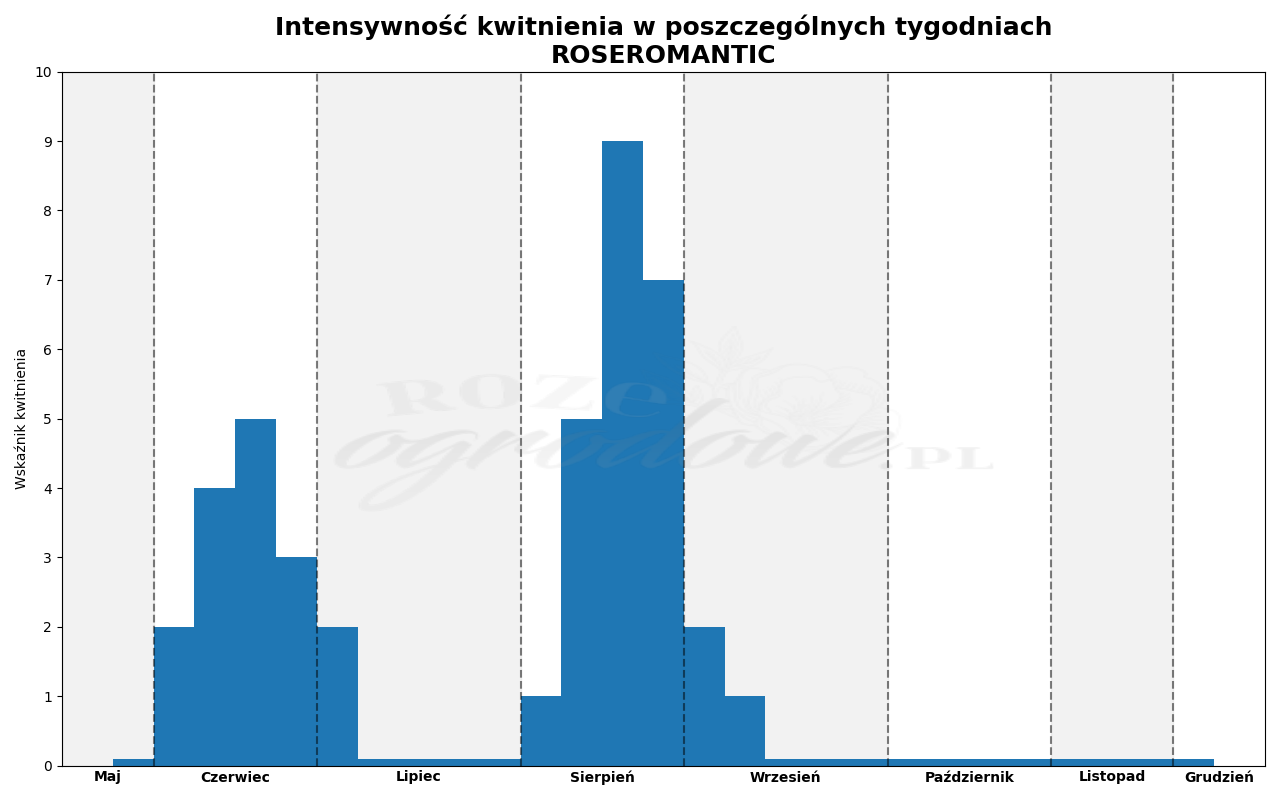 Wykres kwitnienia zrobiony na podstawie obserwacji 3-letnich krzewów w sezonie 2025 w Więckowicach w gminie Wojnicz.